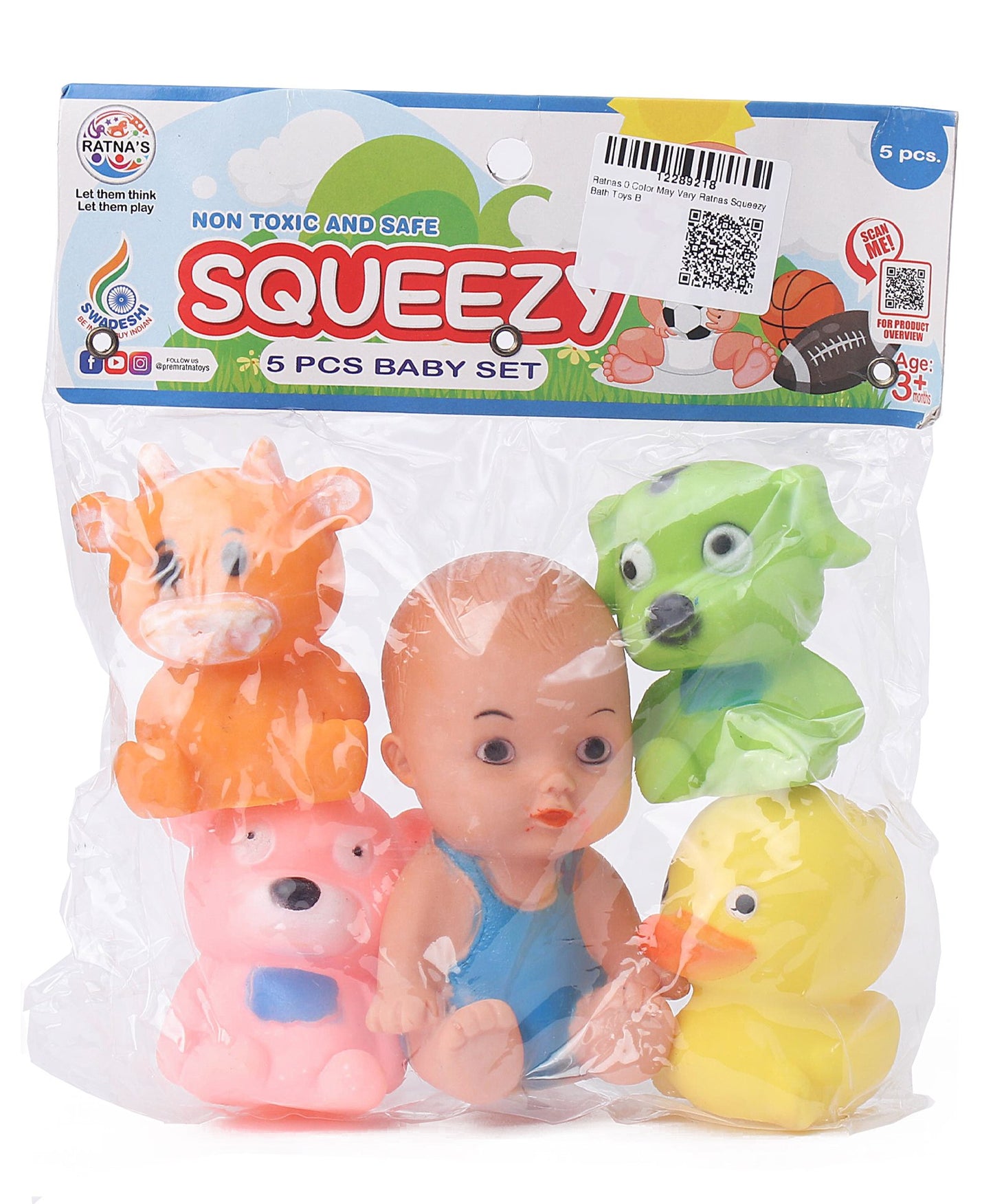 Ratnas Squeezy Baby with Animal Bath Toys Pack of 5 (Colour & Design May Vary)