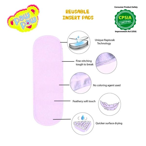 Paw Paw Reusable Diaper Insert Pads  Pack of 5 - White