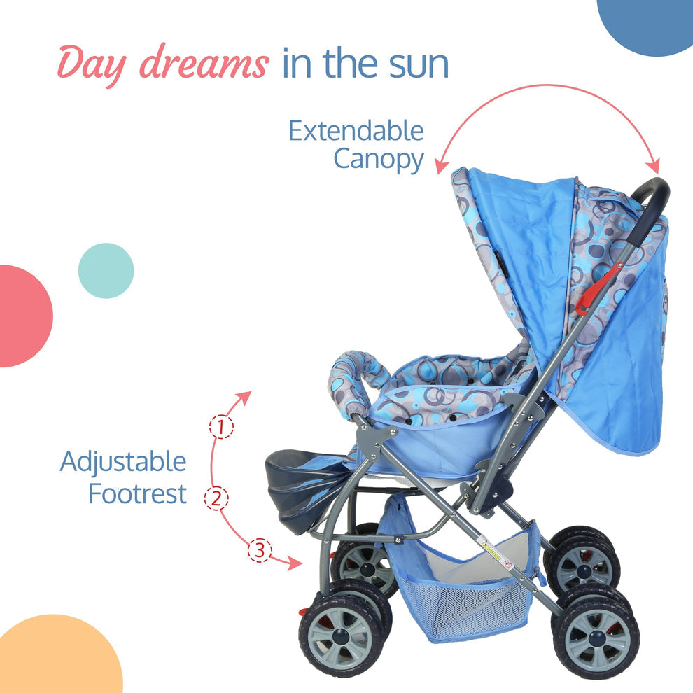 Starshine Baby Stroller / Pram for 0 to 3 Years, New Born / Toddler / Kid, Lightweight, Adjustable backrest, 360° Swivel Wheel, Large storage basket, Reversible Handlebar (Sky Blue)