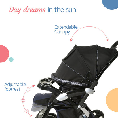 Galaxy baby stroller, Pram for baby with 5 point safety harness, Spacious Cushioned seat with Multi level seat recline, Easy Fold, Lightweight baby stroller for 0 to 3 years (Black)