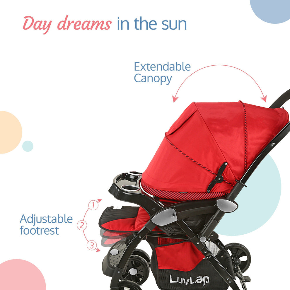 Galaxy baby stroller, Pram for baby with 5 point safety harness, Spacious Cushioned seat with Multi level seat recline, Easy Fold, Lightweight baby stroller for 0 to 3 years (Red & Black