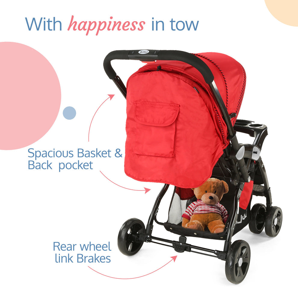 Galaxy baby stroller, Pram for baby with 5 point safety harness, Spacious Cushioned seat with Multi level seat recline, Easy Fold, Lightweight baby stroller for 0 to 3 years (Red & Black