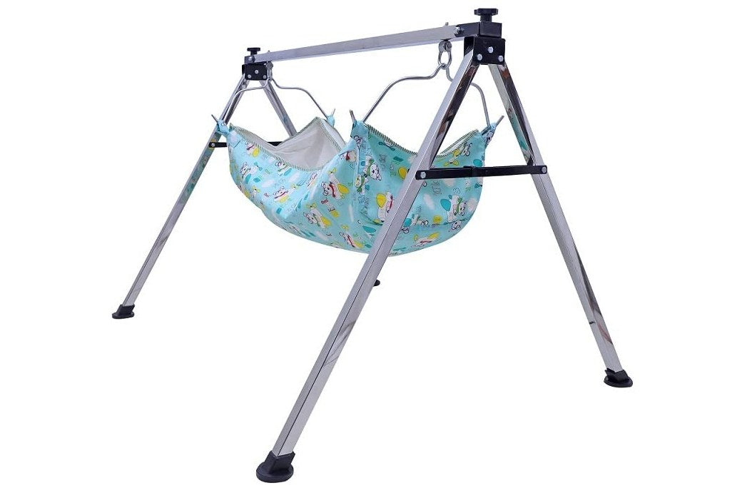 BABY BASKET Portable Folding Steel Swing Baby zoli /Ghodiyu  with Hammock Having Mosquito Net, Square, Steel, (1 Khoya, 1 Cradle, 4 Rubber Pads, 2 Pangra,)