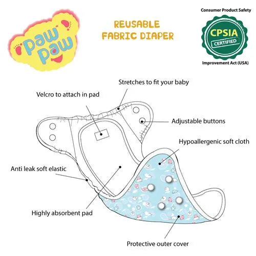 Paw Paw Reusable Fabric Diaper - S, 3-6 kg, Blue, Leakage Protection, Unique Rapisoak Technology