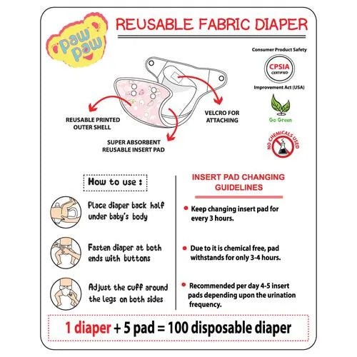 Paw Paw Reusable Fabric Diaper - S, 3-6 kg, Blue, Leakage Protection, Unique Rapisoak Technology