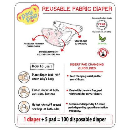 Paw Paw Reusable Fabric Diaper - S, 3-6 kg, Blue, Leakage Protection, Unique Rapisoak Technology