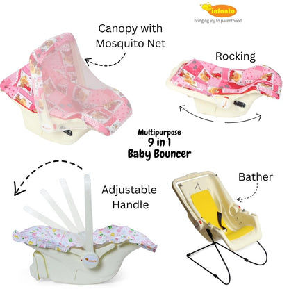 INFANTO Multipurpose 9 in 1 Bouncer | Compatible with Stroller | Rocker | Feeding Chair | Sleeping Carrier | Bath Chair | Mosquito Net | (Pink)print may vary