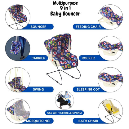 INFANTO Multipurpose 9 in 1 Bouncer | Compatible with Stroller | Rocker | Feeding Chair | Sleeping Carrier | Bath Chair | Mosquito Net | (Blue)print may vary