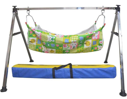 BABY BASKET Portable Folding Steel Swing Baby zoli /Ghodiyu  with Hammock Having Mosquito Net, Square, Steel, (1 Khoya, 1 Cradle, 4 Rubber Pads, 2 Pangra,)